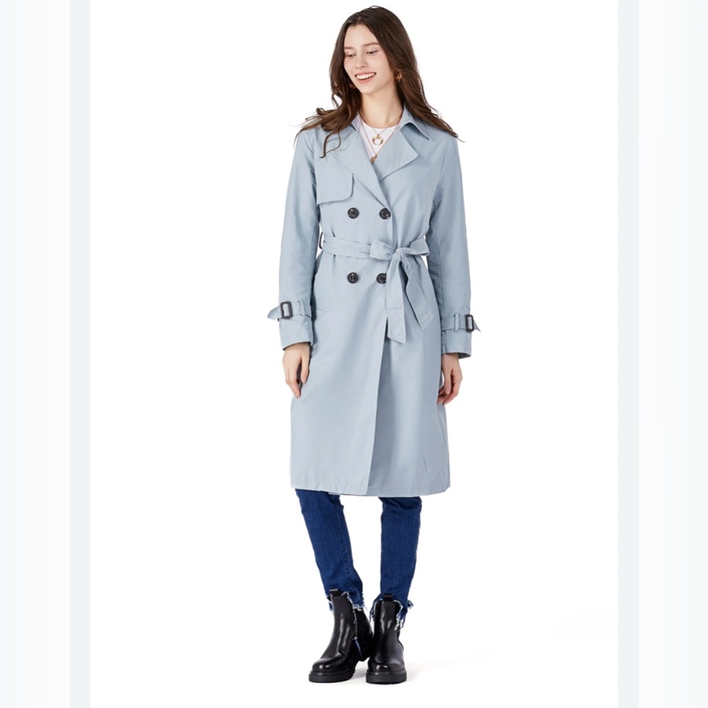 Light Blue Double-Breasted Trench Coat with Belt